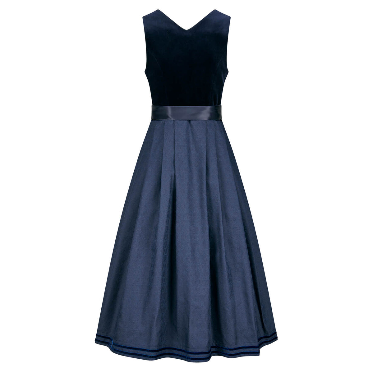 Dunkelblaues Samtdirndl mit gemustertem Rock und glatter Rückseite – elegante Rückansicht