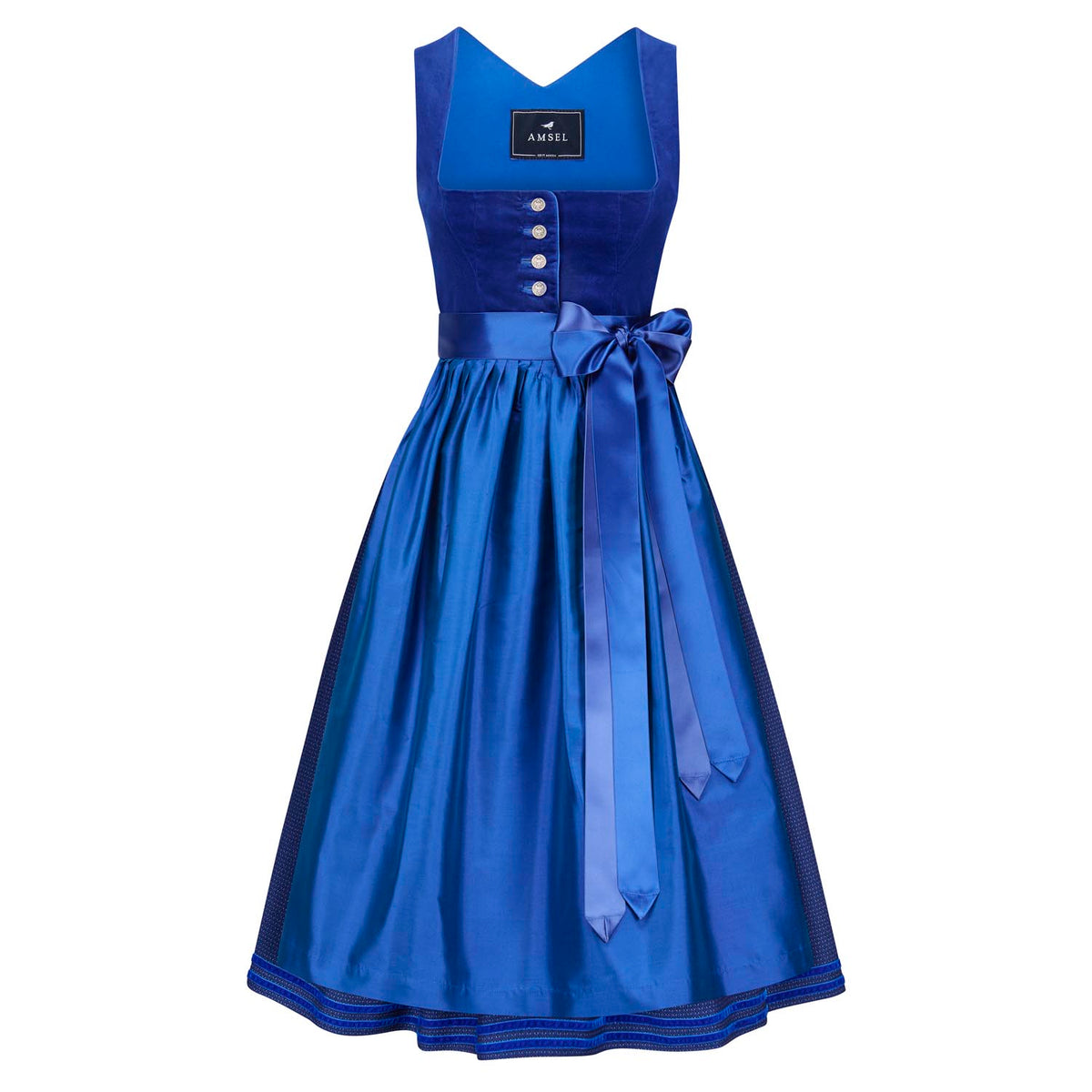 Königsblaues Samtdirndl mit V-Ausschnitt, Münzknöpfen und glänzender Seidenschürze – elegante Vorderansicht