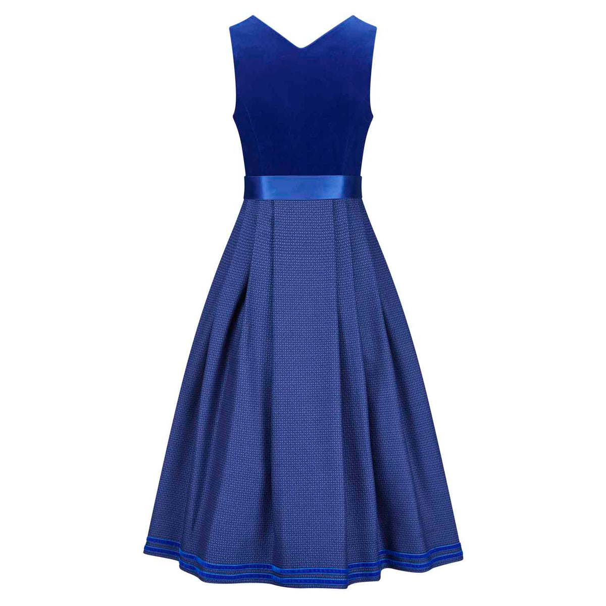 Samtdirndl in Königsblau mit stretchigem Rückenteil und Rock in Strukturmuster – Rückenansicht