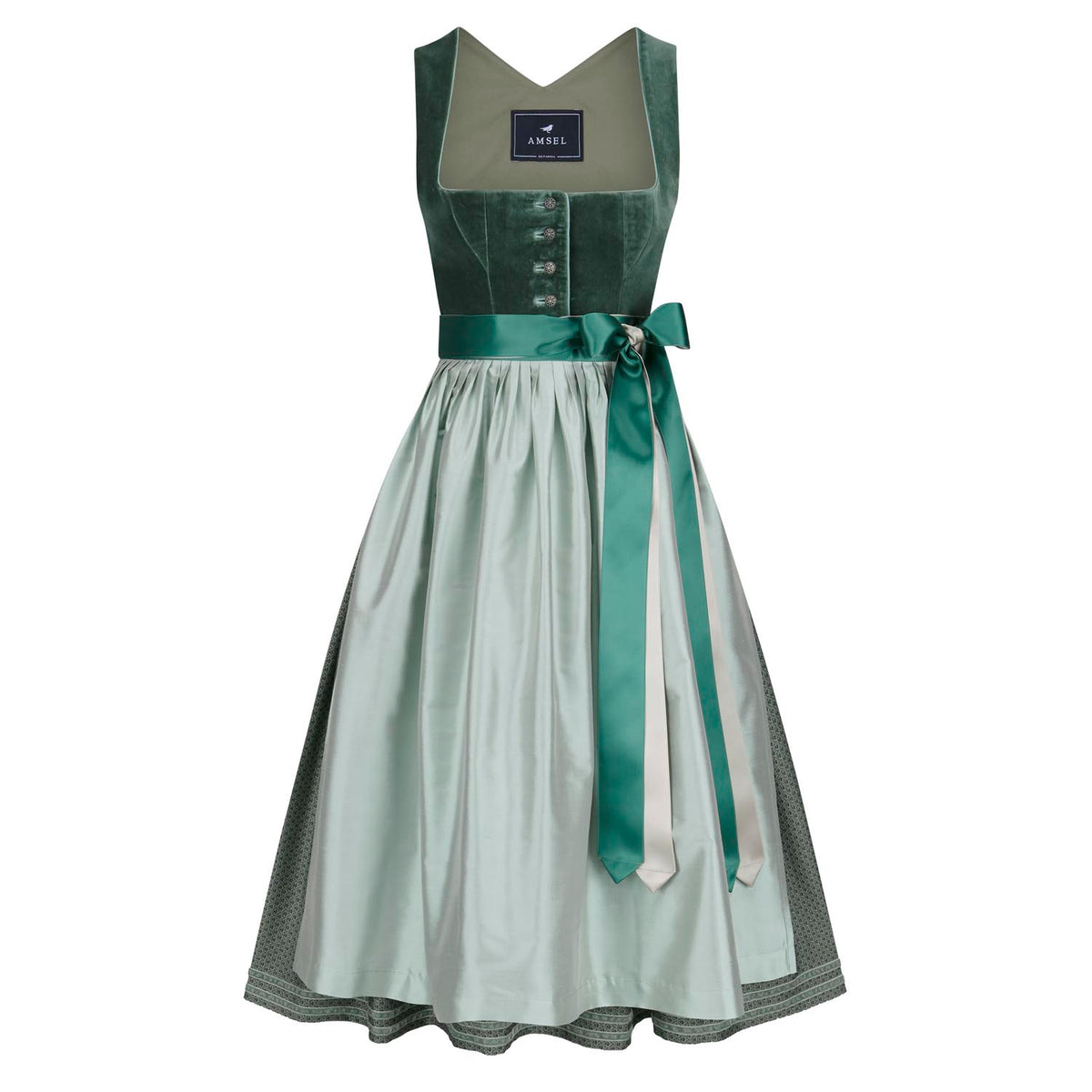 Samtdirndl Ivy in Eucalyptus mit Seidenschürze und Satinbändern – Mididirndl mit Stretchmieder