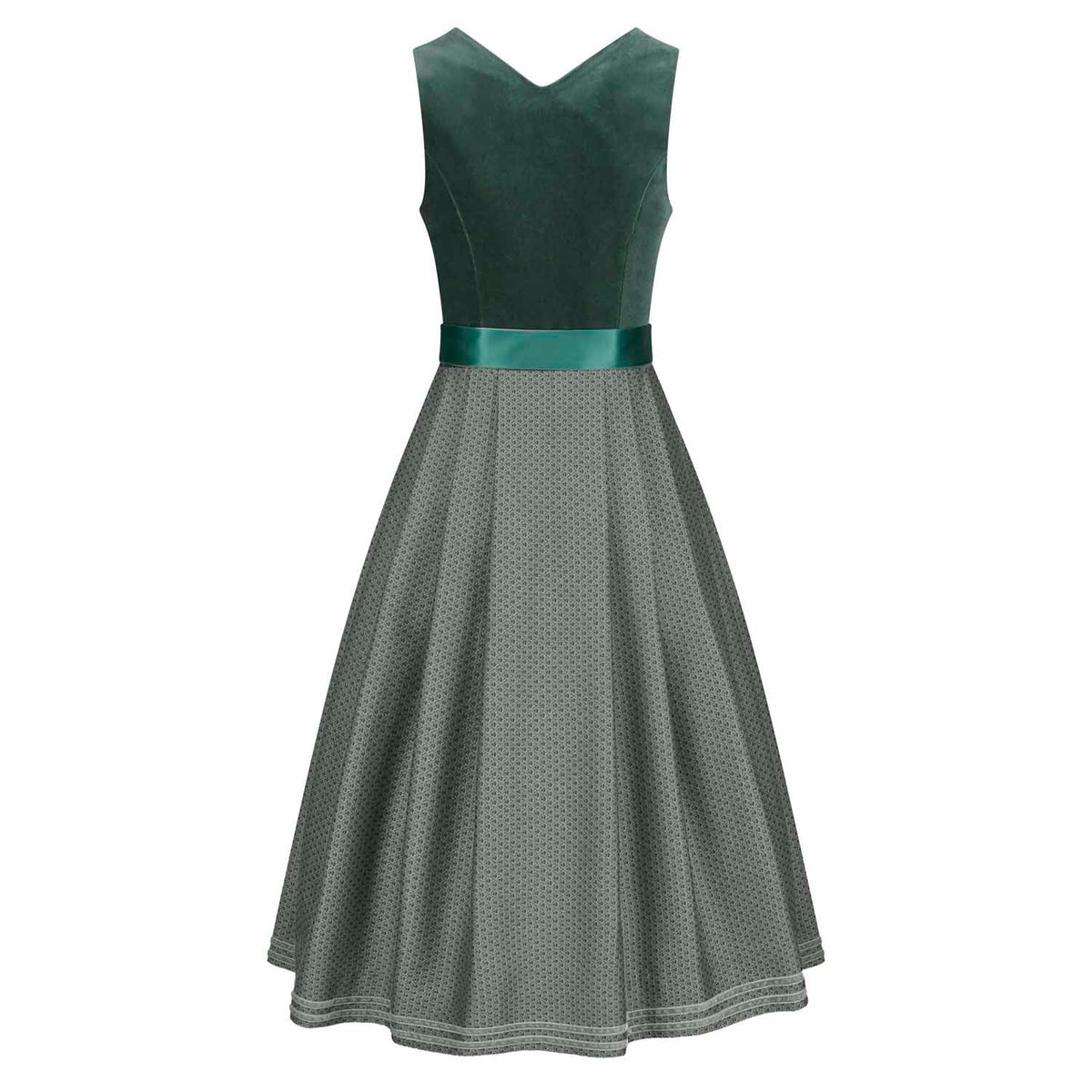 Rückansicht des Dirndl Ivy in Eucalyptus mit Rautenrock und grünem Samtmieder