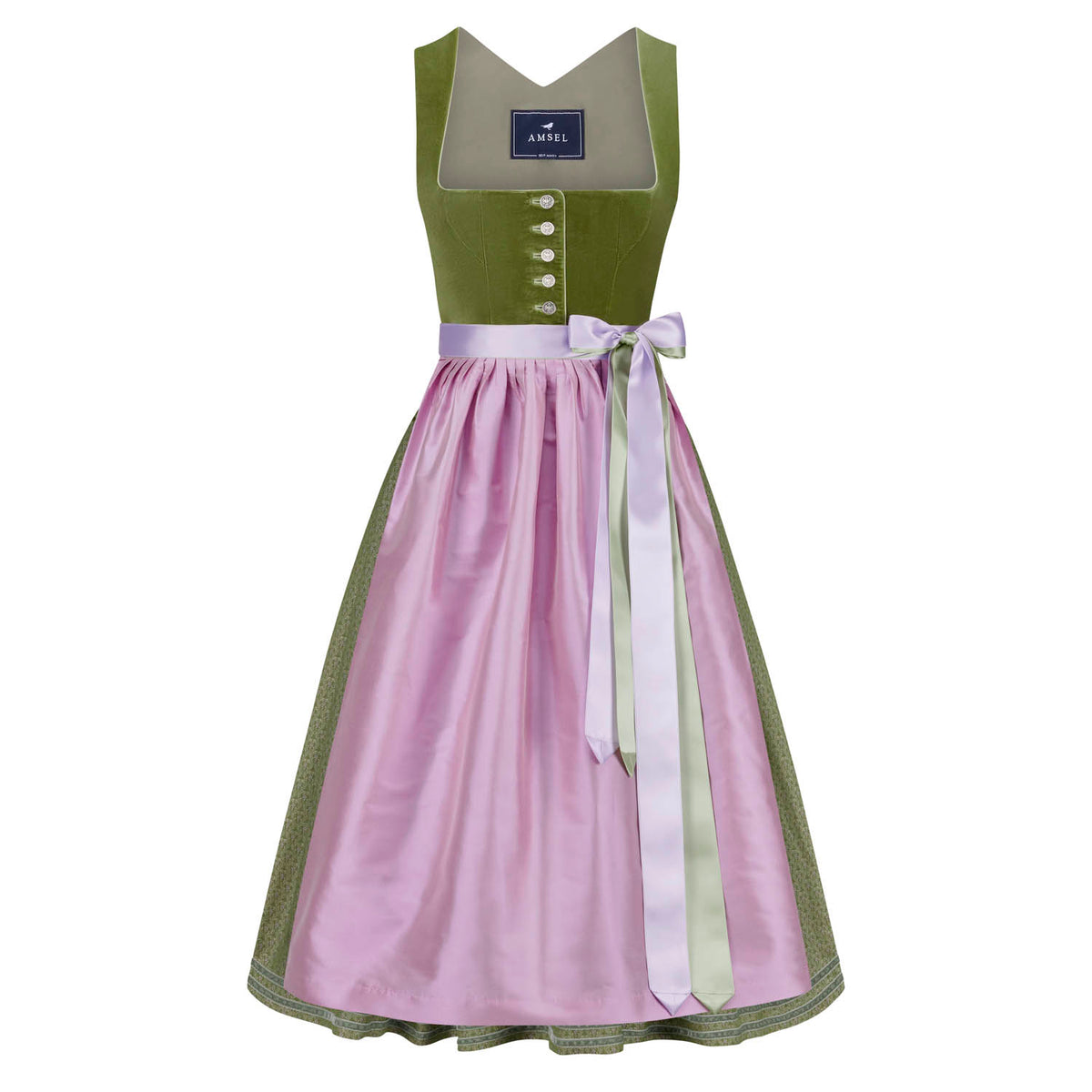 Samtdirndl Melina in Pistazie mit fliederfarbener Seidenschürze und Satinbändern – Mididirndl aus atmungsaktivem Baumwollsamt
