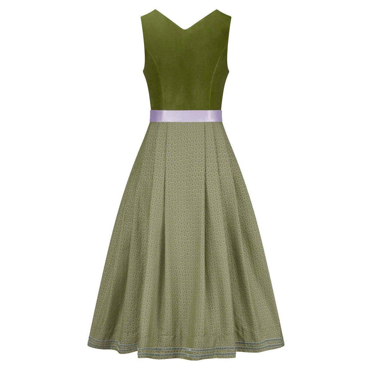 Rückansicht des Dirndl Melina mit Samtmieder in Pistazie und strukturiertem Rock mit Samtborten