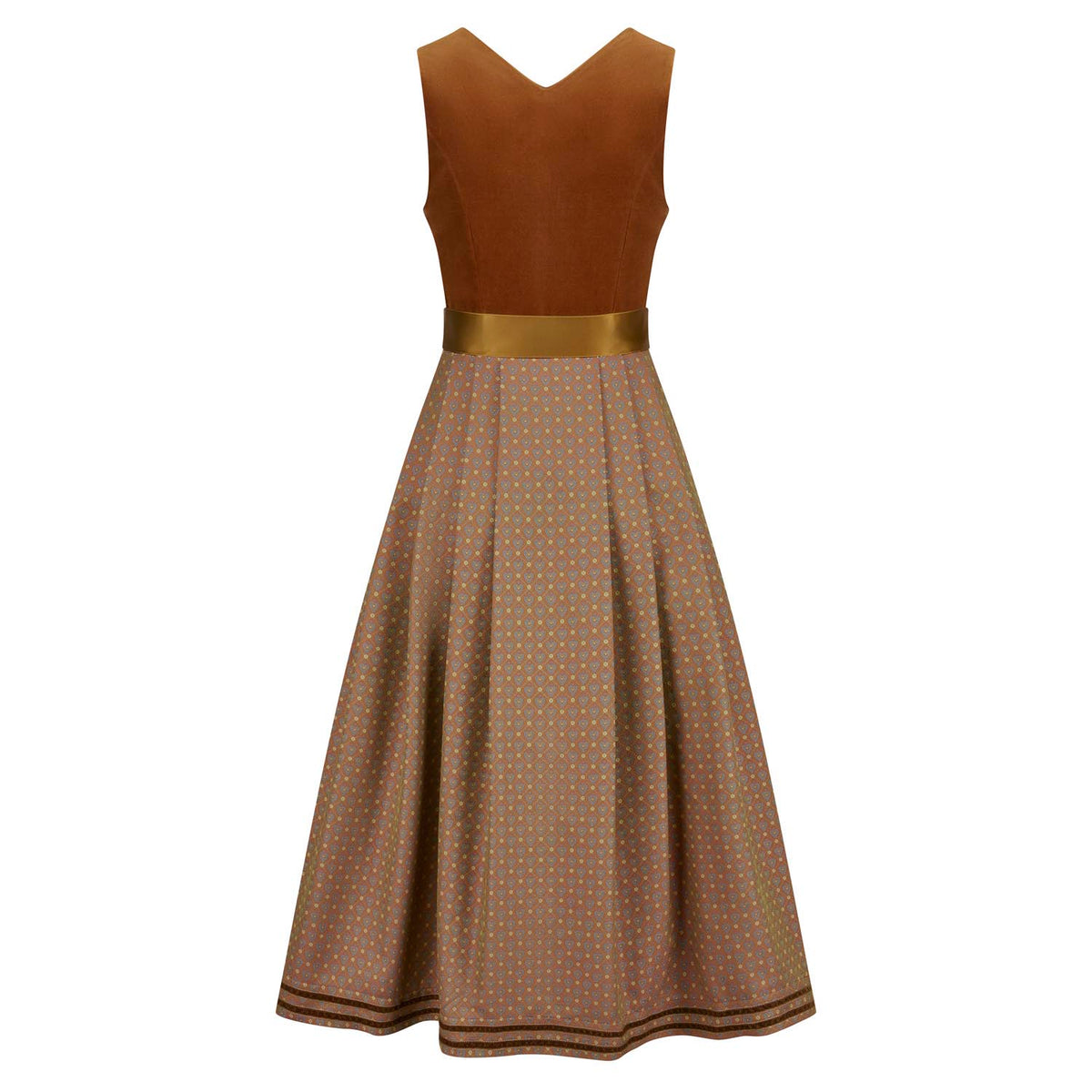 Rückseite des Dirndls mit gemustertem Rock und tiefem Rückenausschnitt – klassische Rückenansicht in warmen Tönen