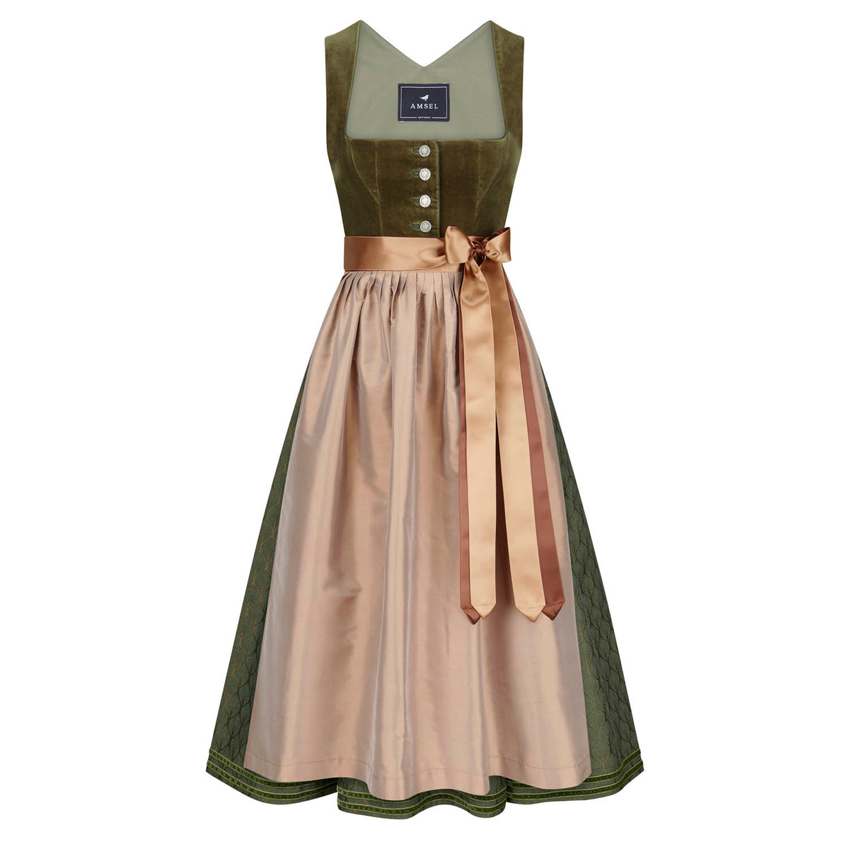 Olivgrünes Samtdirndl mit naturfarbener Wildseidenschürze, eleganter Knopfleiste und Samtborte am Rock – stilvolle Vorderansicht