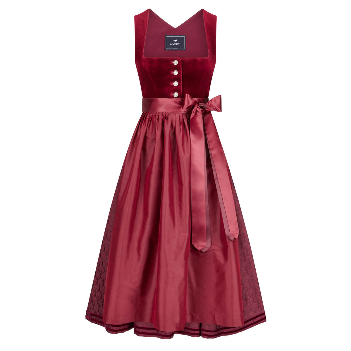 Rotes Samtdirndl mit Schürze aus Wildseide, eleganter Knopfleiste und Samtborte am Rock – stilvolle Vorderansicht