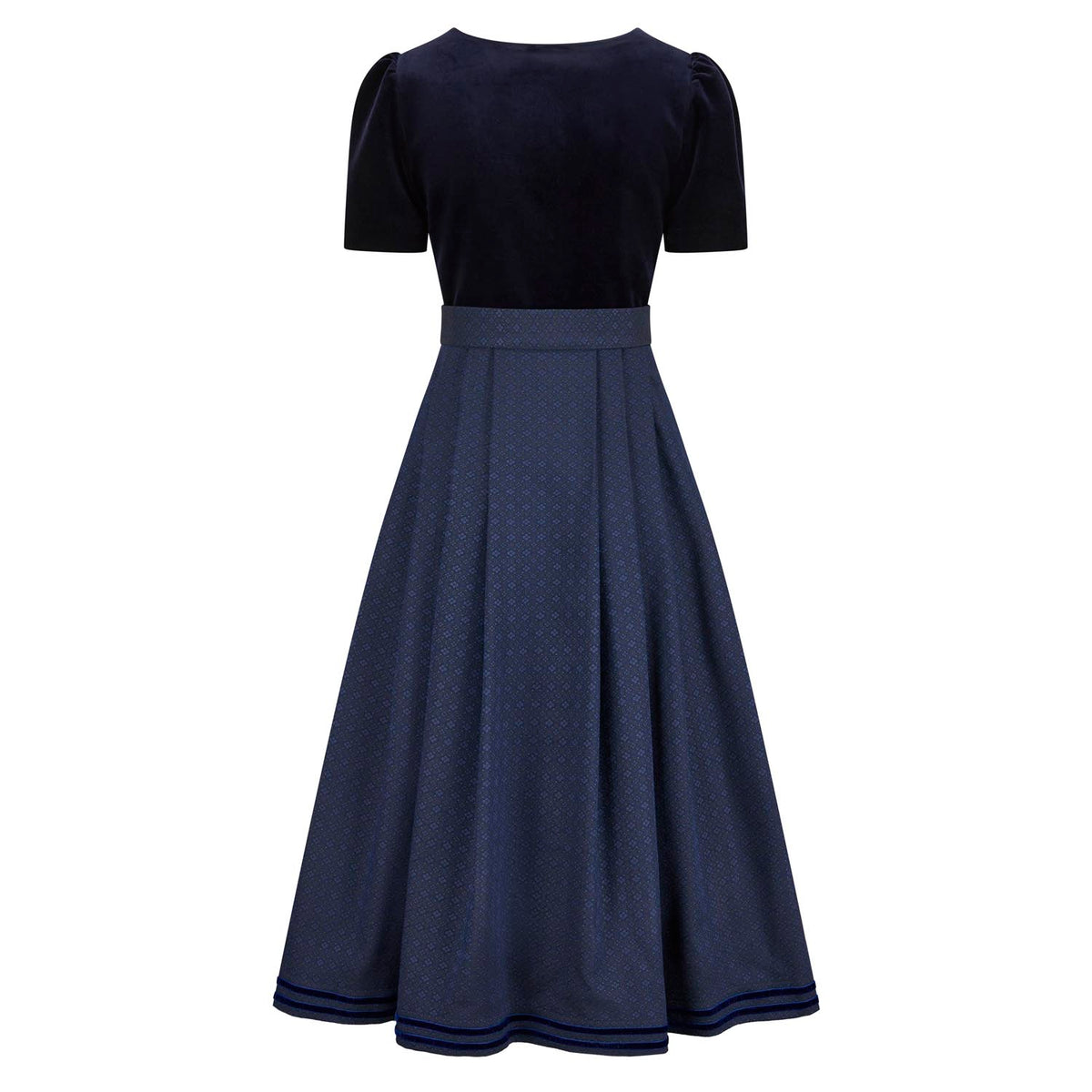 Dunkelblaues Samtdirndl mit gemustertem Rock und Stretch-Samtmieder – Rückansicht