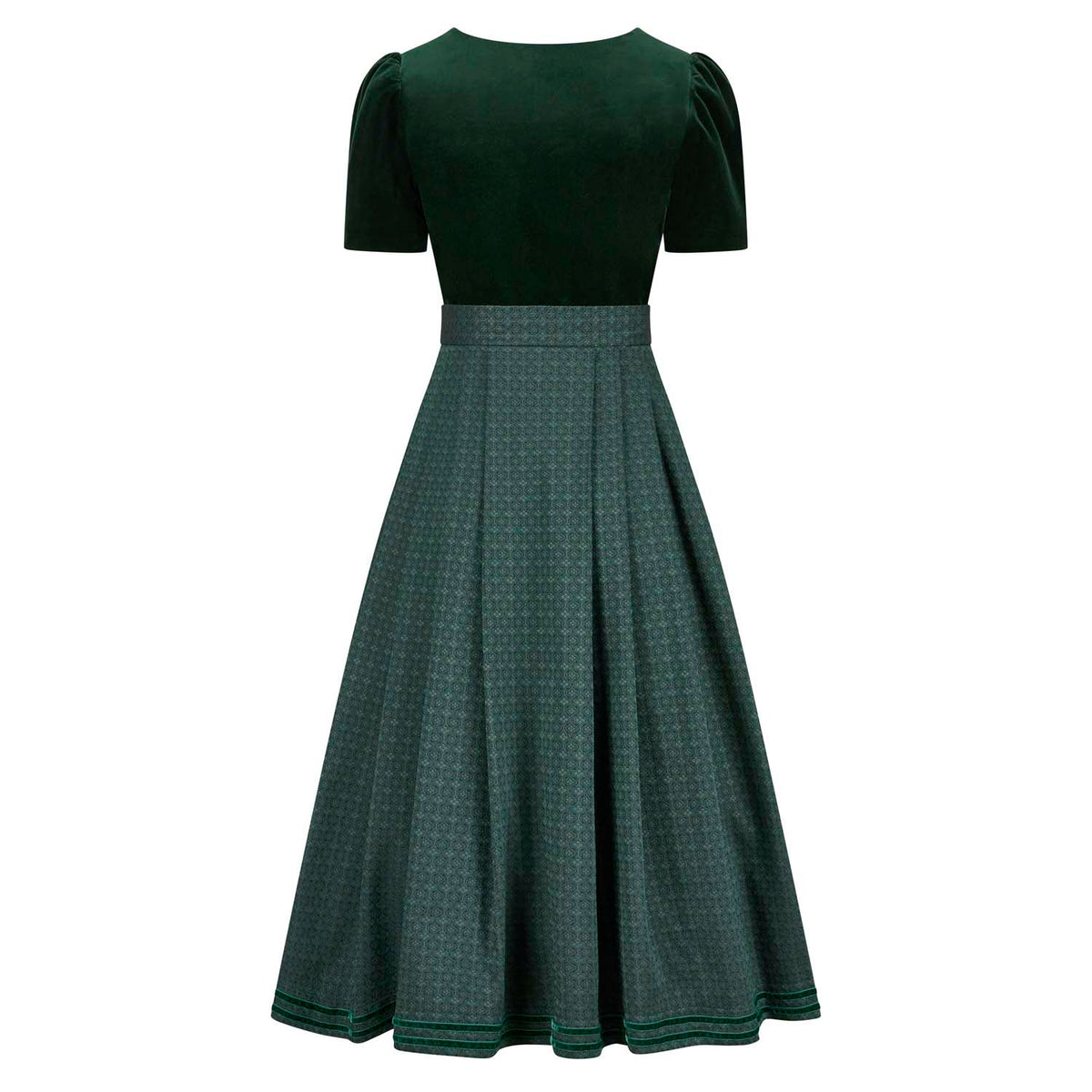 Rückansicht des Samtdirndls in Dunkelgrün mit gemustertem Rock und eleganter Rückenpartie