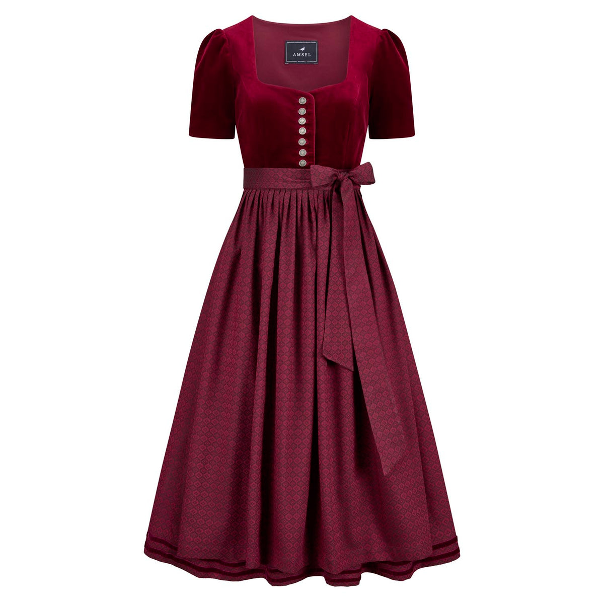 Samtdirndl in Rot mit kurzen Ärmeln, Knopfleiste und gemusterter Schürze – Vorderansicht