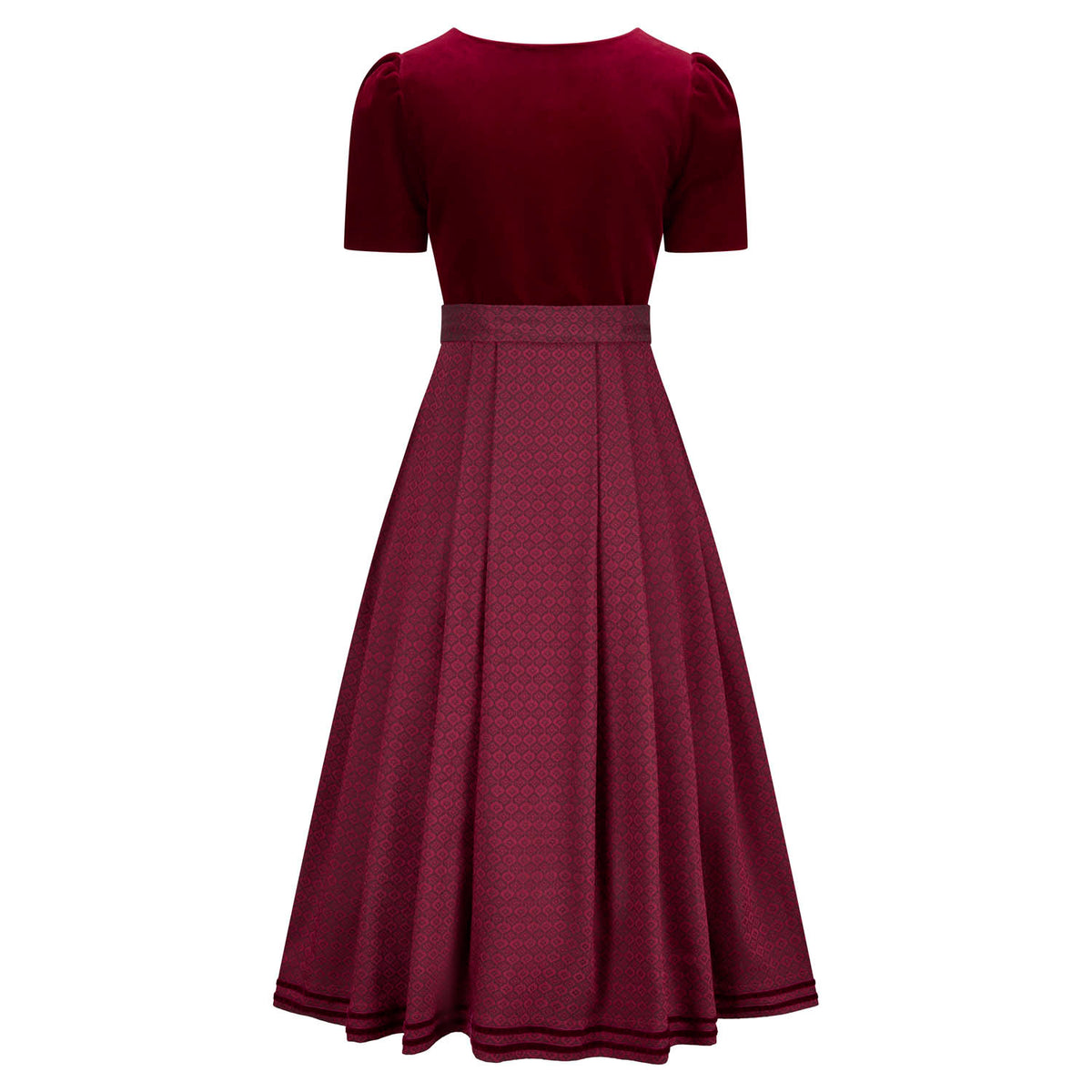 Rückansicht des roten Samtdirndls mit schlichtem Rücken und elegantem Fall