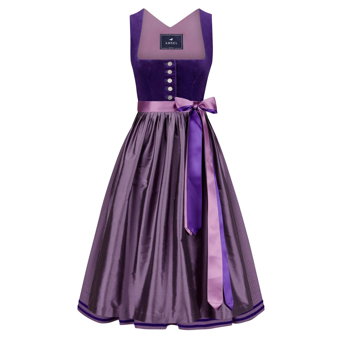 Samtdirndl Viola in Violett – Mididirndl mit Seidenschürze und zweifarbigen Satinbändern