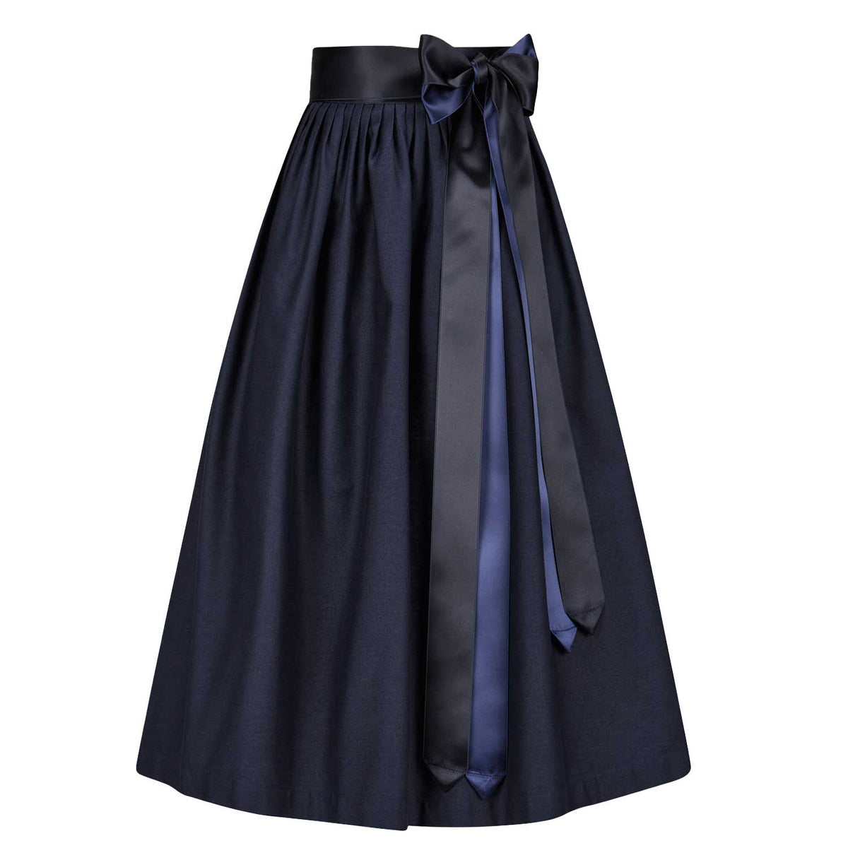Navyblaue Baumwollschürze mit Satinbändern – Vorderansicht für lange Dirndl