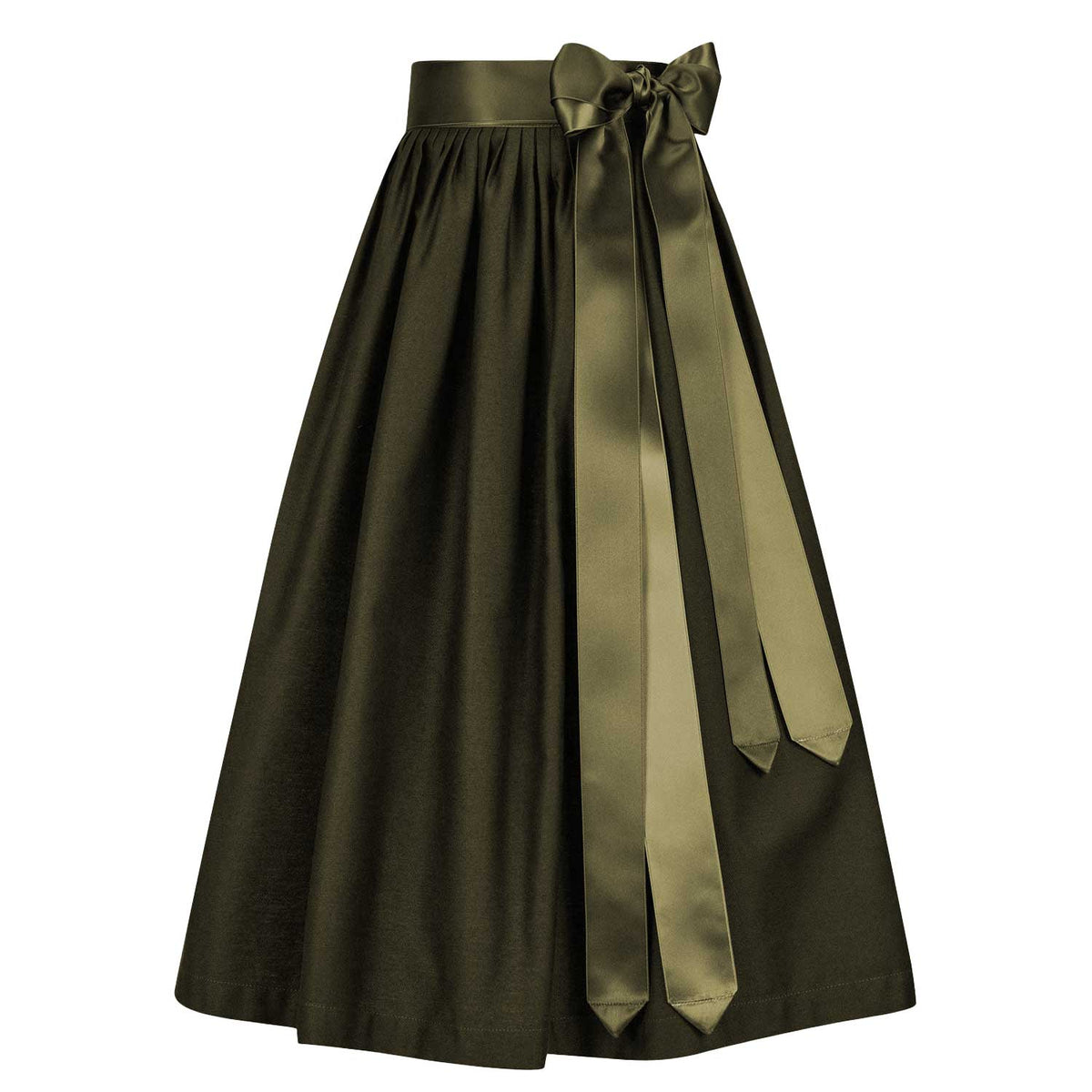 Olivgrüne Baumwollschürze mit Satinbändern – Vorderansicht für lange Dirndl