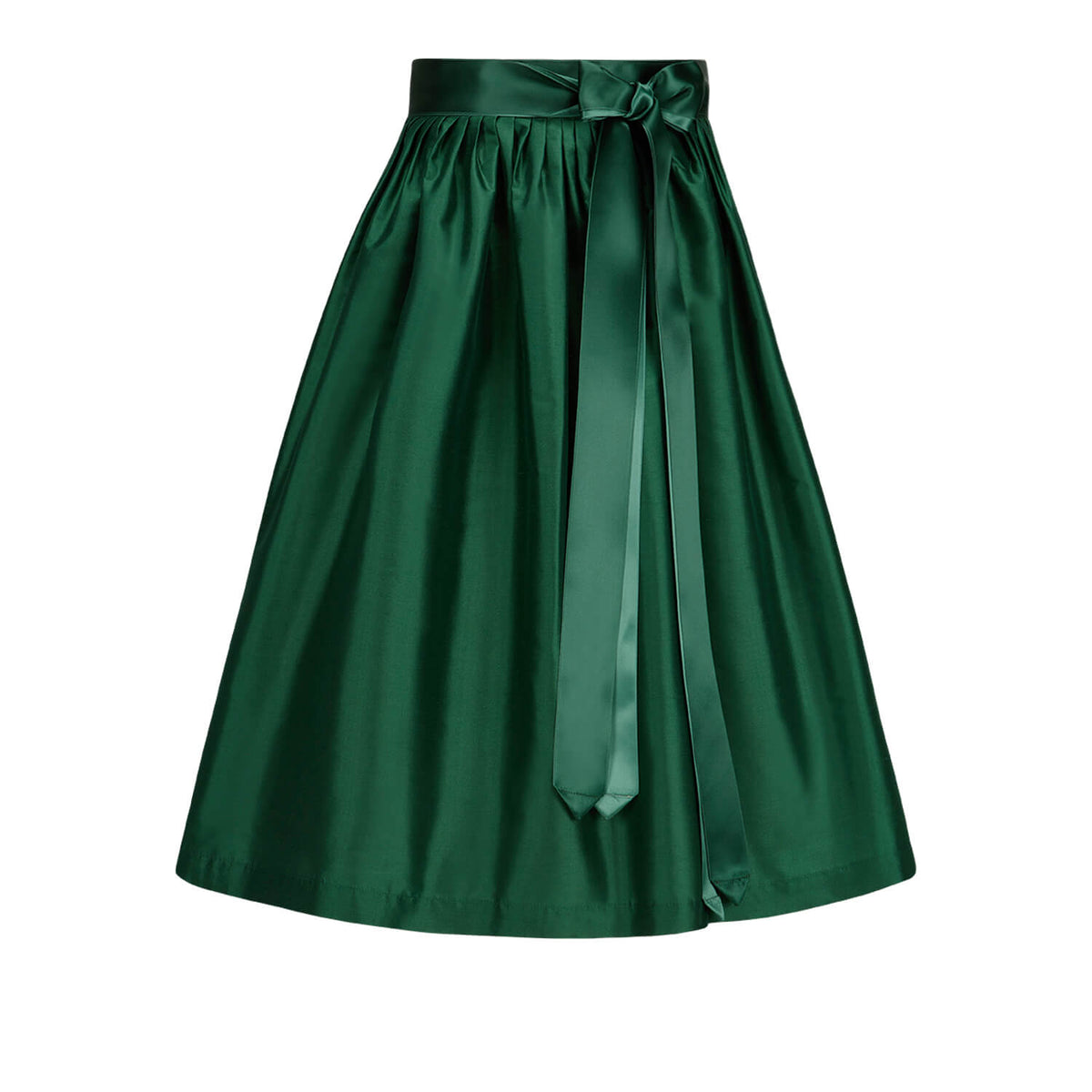 Grüne Dirndlschürze aus Dupionseide mit langen Satinbändern – Vorderansicht auf weißem Hintergrund