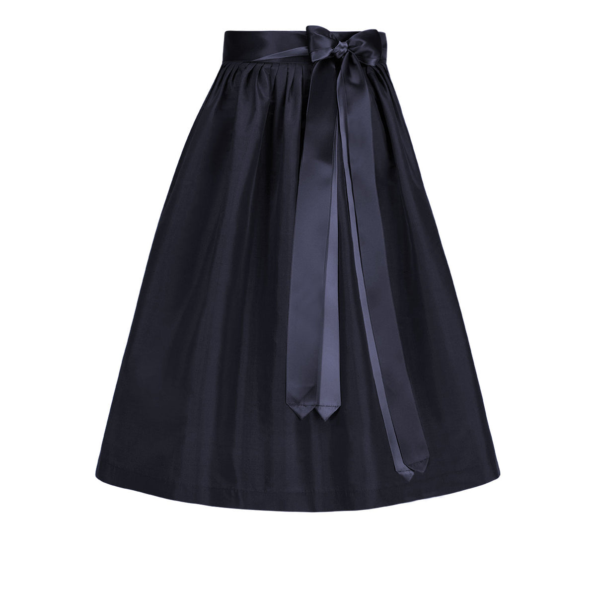Tief navyblaue Seidenschürze mit glänzender Oberfläche und Satinbändern – Vorderansicht