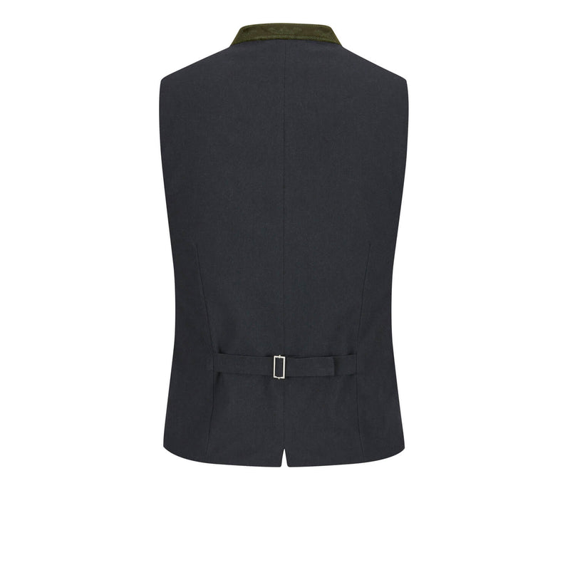 Schwarze Rückseite mit Riegel und samtigem Stehkragen – stilvolle Rückenansicht der Weste