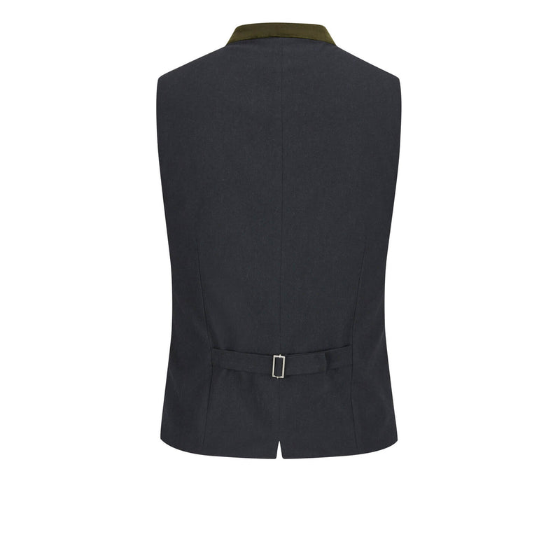 Rückseite der Weste in Schwarz mit verstellbarem Riegel und grünem Stehkragen – klassische Rückenansicht