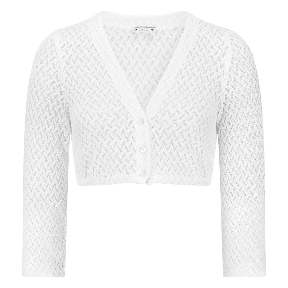 Weiße Dirndlbluse mit Rautenmuster, V-Ausschnitt und Knopfleiste – Vorderansicht mit 3/4-Arm