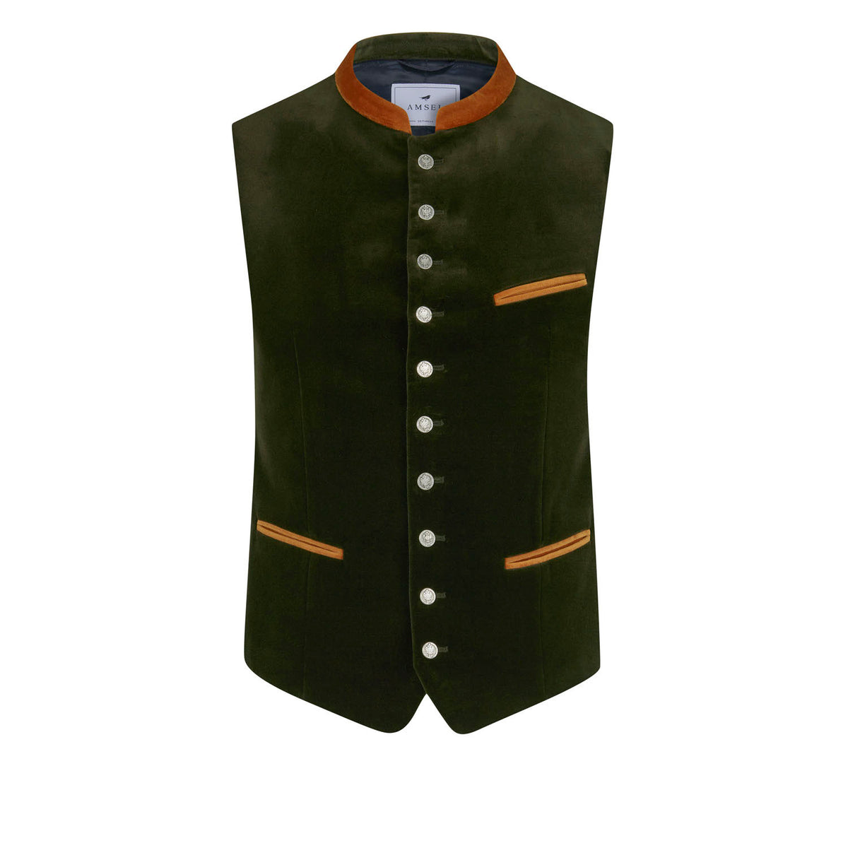 Edle Samtweste in Dunkelgrün mit goldgelbem Kragen und Münzknöpfen – Vorderansicht der limitierten Edition