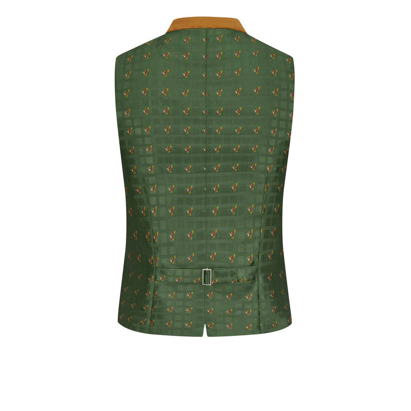 Rückenteil in Olivgrün mit eingewebtem Entenmuster und Verstellriegel – Rückansicht der Trachtenweste Weilheim Duck