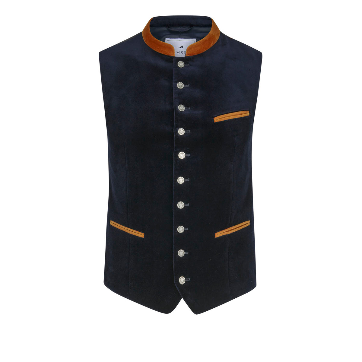 Samtweste in Blau mit goldgelbem Kragen und Münzknöpfen – Vorderansicht der limitierten Edition mit Fuchsmotiv