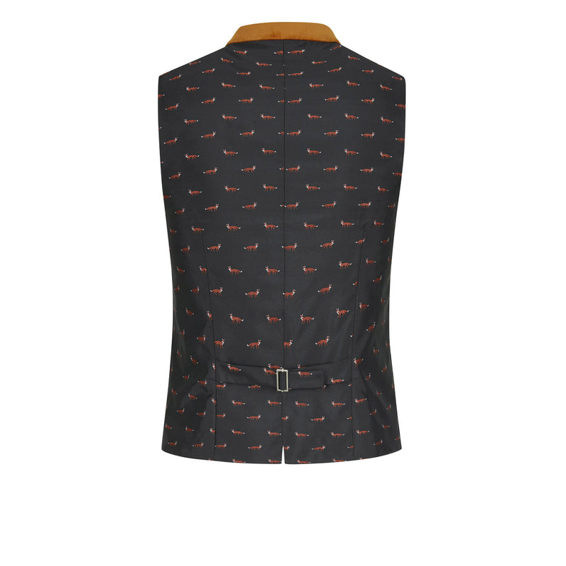 Rückenteil in Blau mit gewebtem Fuchsmuster und Riegel – stilvolle Rückenansicht der Weste Weilheim Fox