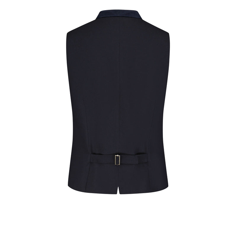 Rückseite in Dak Navy mit Riegel und Samtkragen in Dunkelblau – klassische Rückenansicht der Trachtenweste