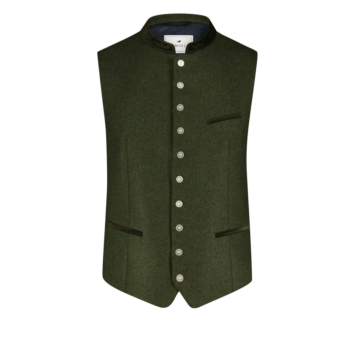 Trachtenweste aus Lodengrünem Leichtloden mit Samtkragen, Paspeln und Münzknöpfen – klassische Vorderansicht