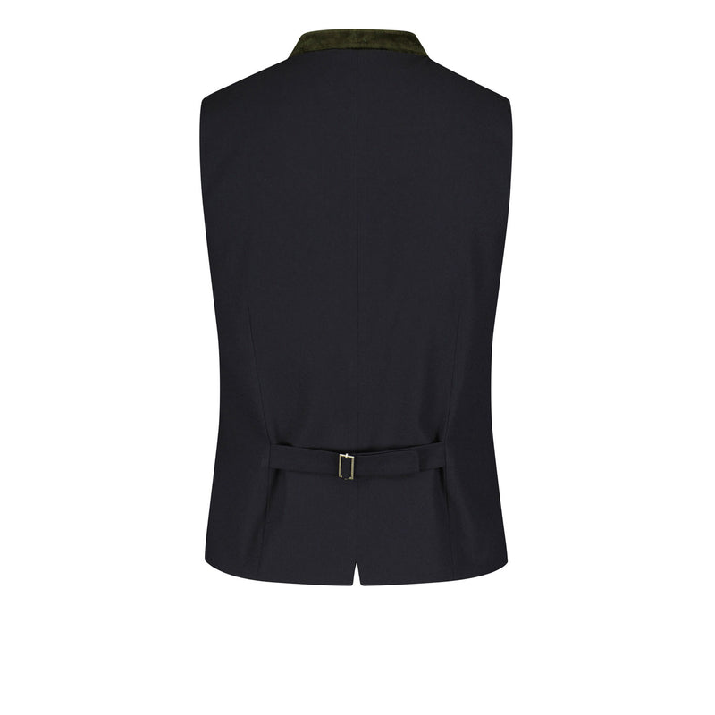 Blaue Rückseite mit Verstellriegel und besticktem Stehkragen aus grünem Samt – klassische Rückenansicht