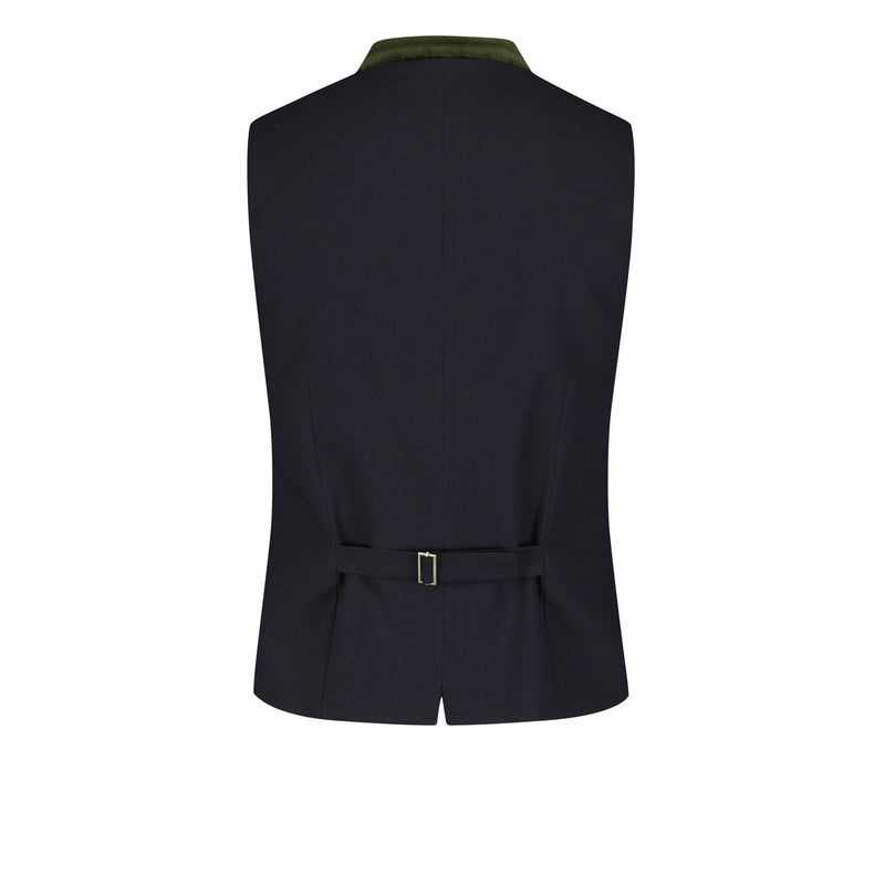 Rückansicht der eleganten Trachtenweste in Dunkelblau mit verstellbarem Riegel von Amsel