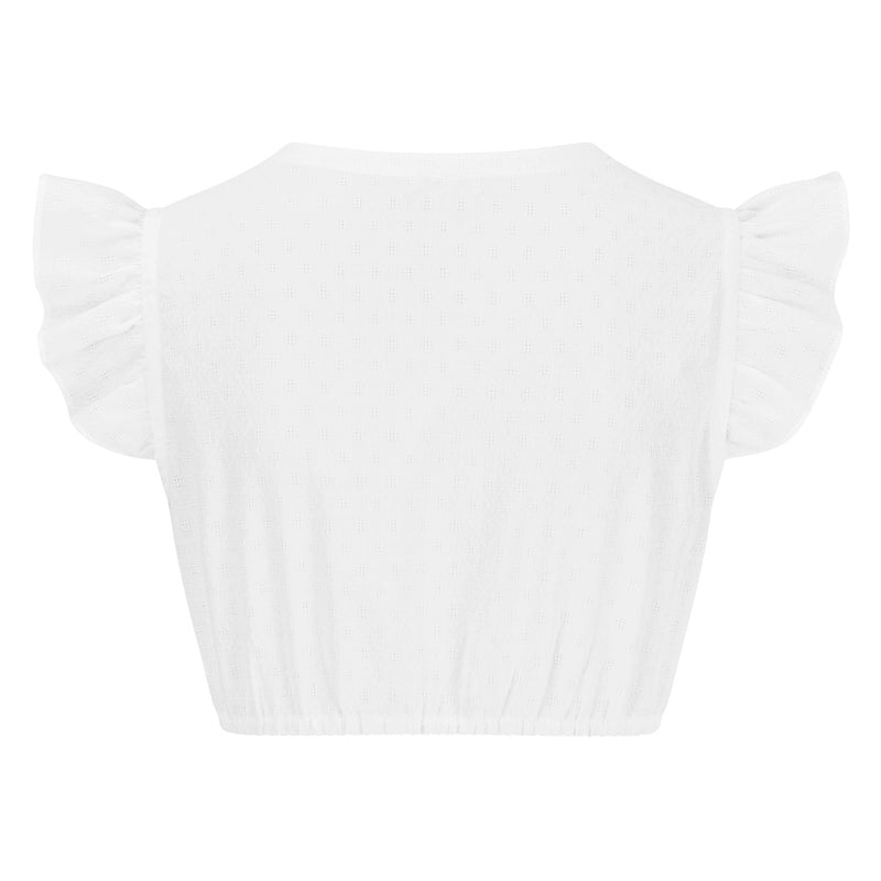 Weiße Dirndlbluse mit Musterstruktur und elastischem Saum – Rückenansicht