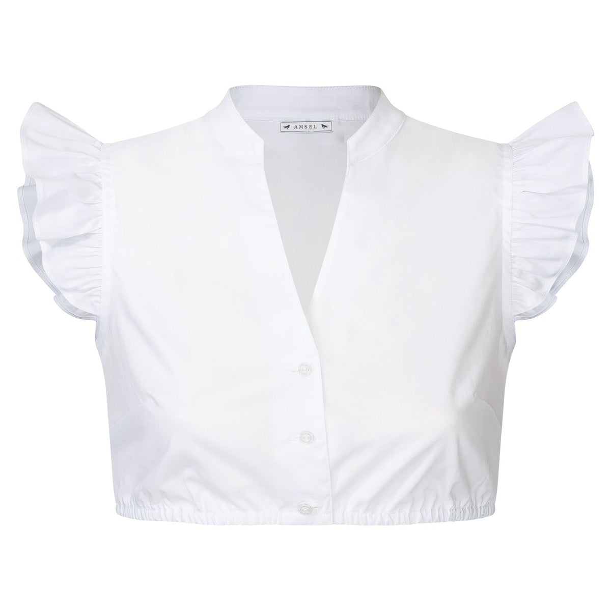 Dirndlbluse Carlotta – weiße Trendbluse mit Flügelarm und Stehkragen