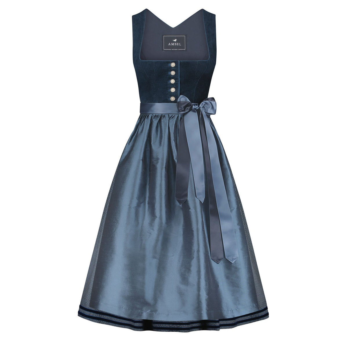 Corddirndl Hannah in Blau mit baluer Schürze – langes Dirndl aus Cordstoff