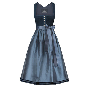 Corddirndl Hannah in Blau mit baluer Schürze – langes Dirndl aus Cordstoff