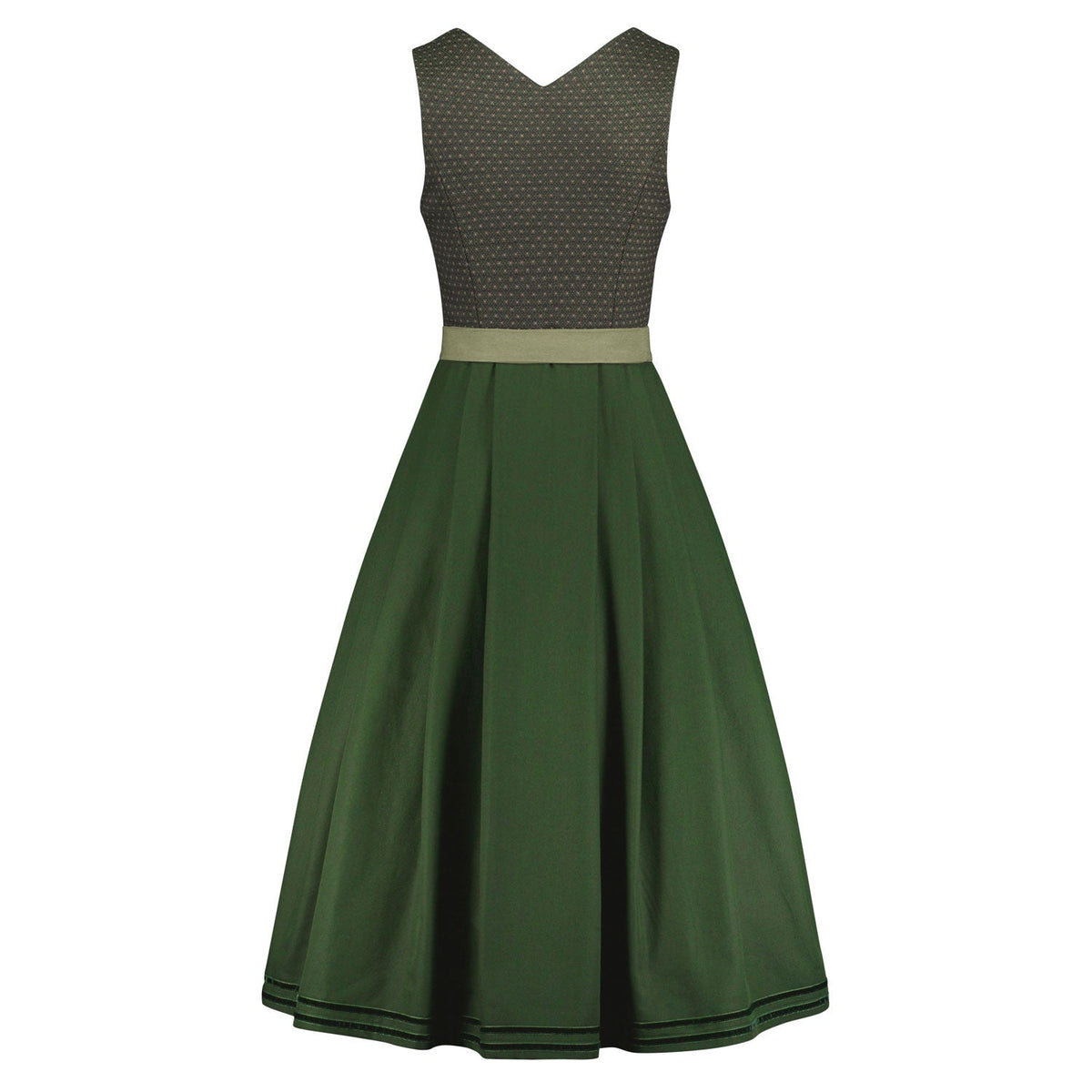 Rückansicht des Dirndl Alexandra in Grün mit langem Rock und Mieder aus hochwertigem Wollstoff mit Stretch