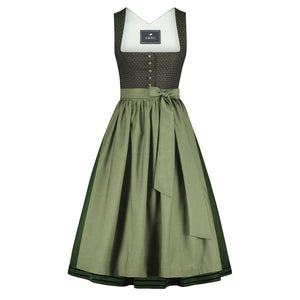 Langes Dirndl Alexandra in Grün mit strukturierter Schürze und Satinbändern – elegantes Dirndl aus Wollmischung