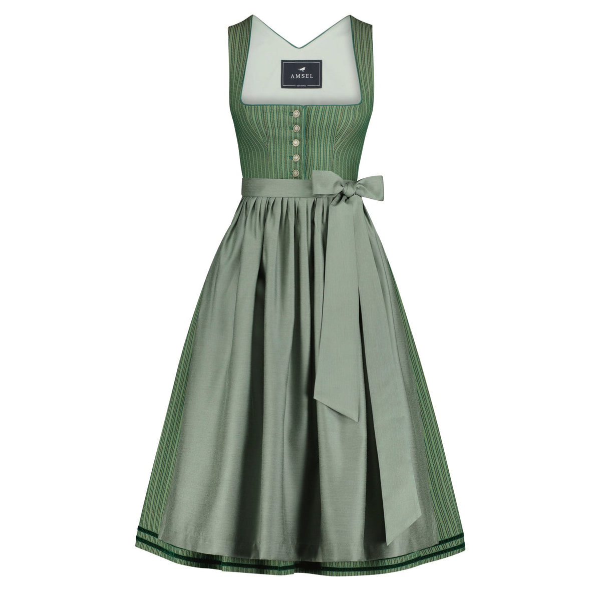 Dirndl Alma in Aqua mit grünfarbener Schürze – sommerliches Midi-Dirndl