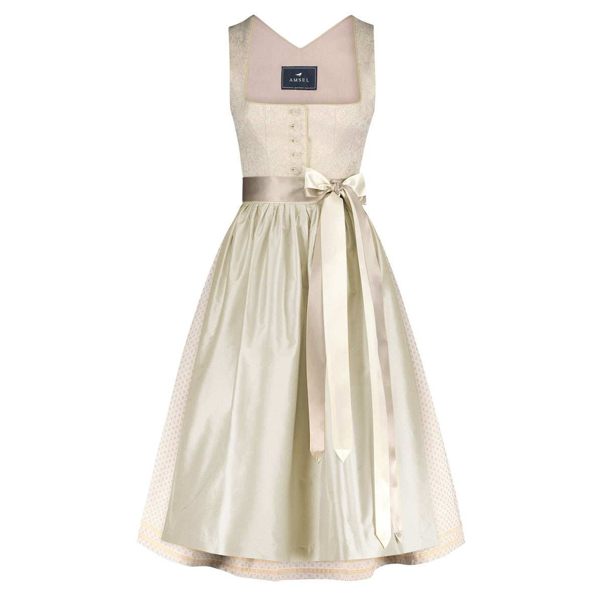 Dirndl Amalia in Creme mit Jacquardmieder und Seidenschürze – elegantes Midi-Dirndl für Hochzeiten und festliche Anlässe.