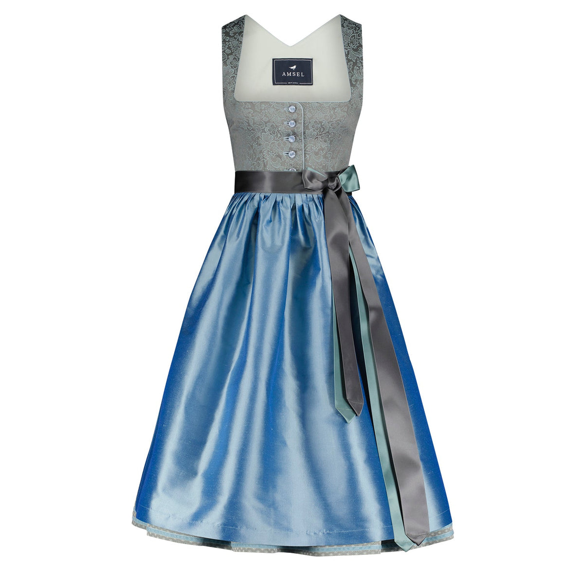 Dirndl Amalia in Platin mit blauer Schürze – elegantes Midi Dirndl