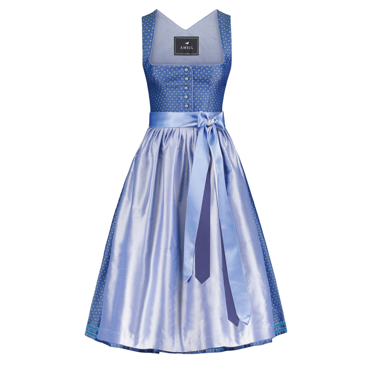 Dirndl Ella in Ozeanblau mit erisblauer Schürze – klassisches Midi-Dirndl