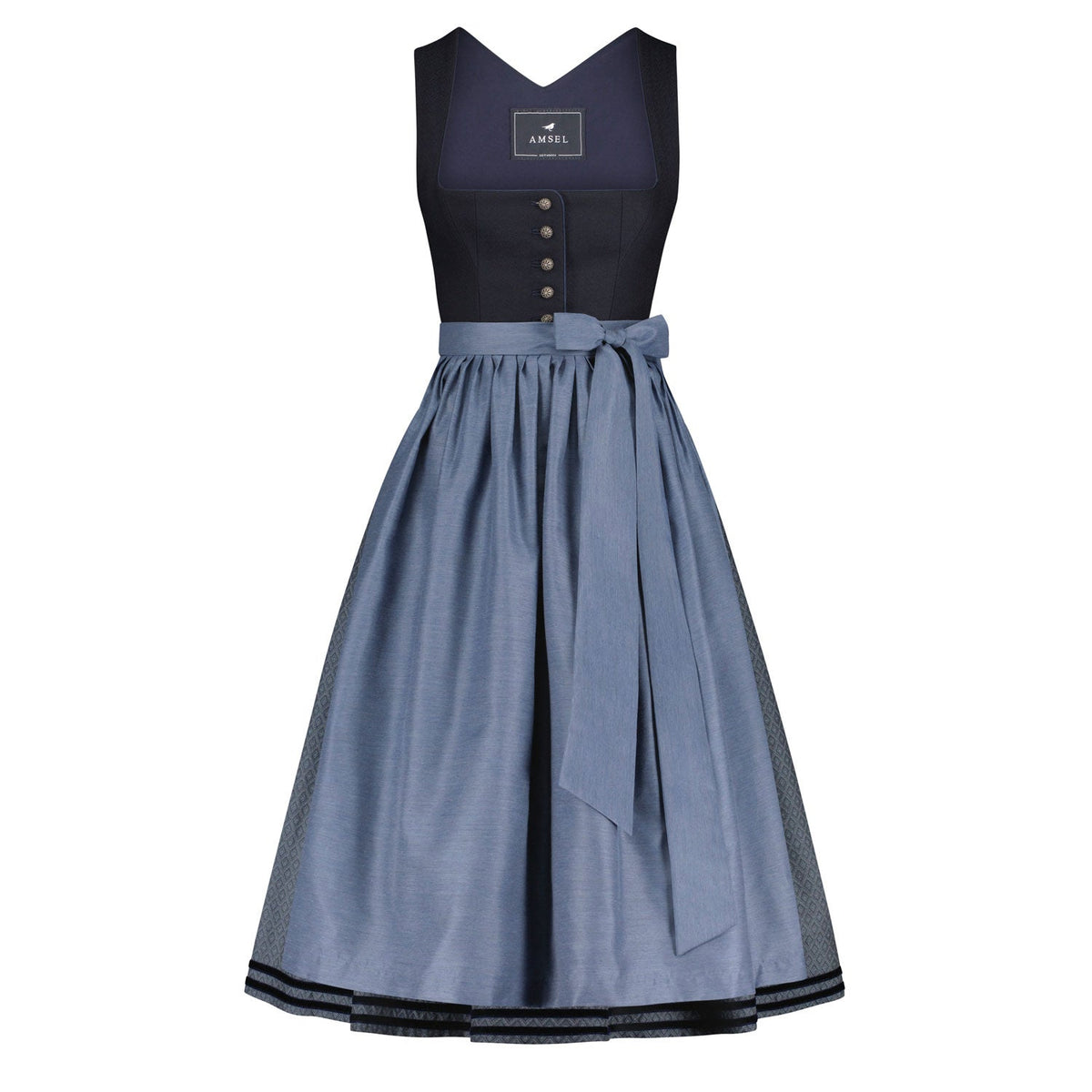 Dirndl Isabella in Blau mit blauer Schürze – feminines Dirndl mit floraler Struktur
