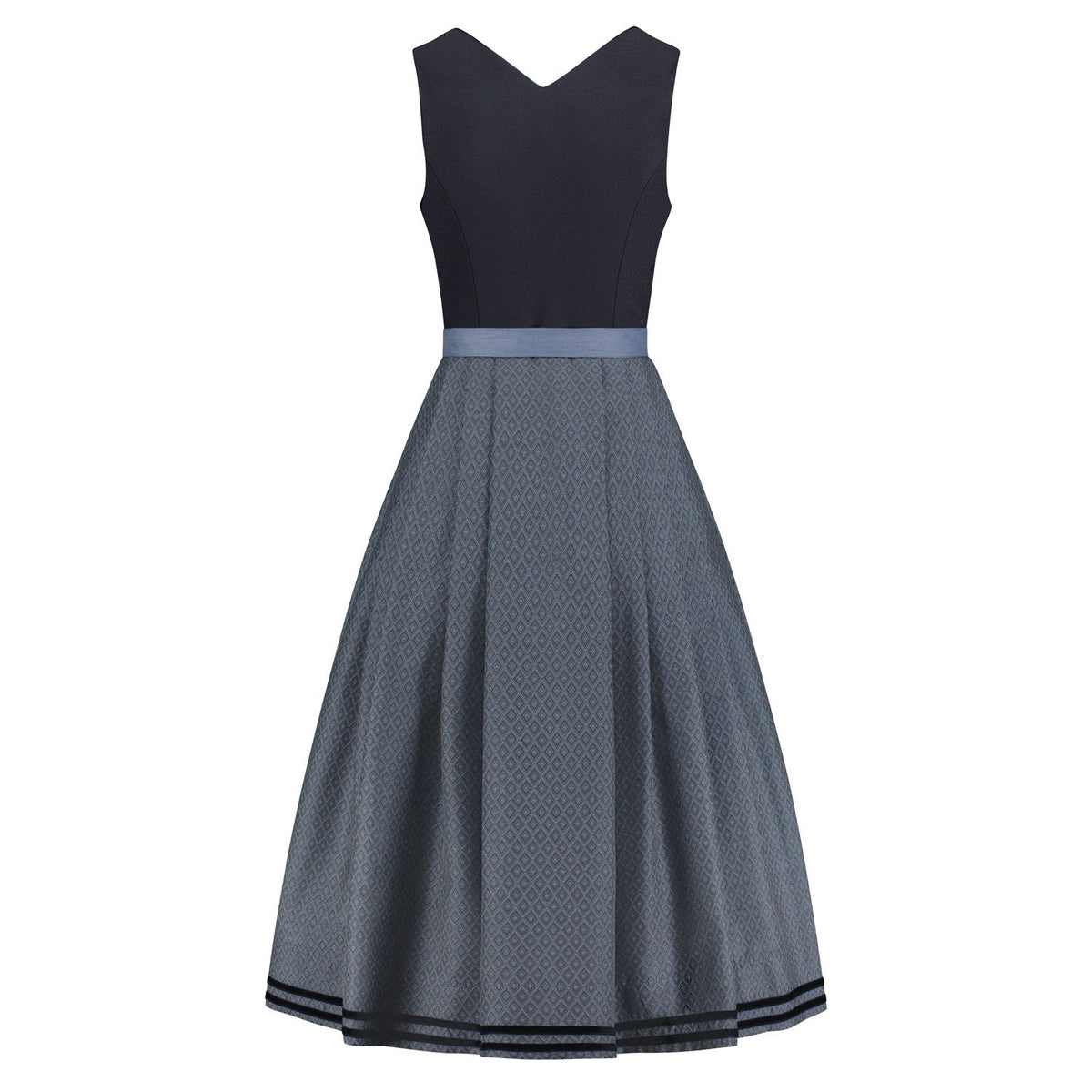 Rückansicht Dirndl Isabella – Midi-Dirndl in Blau mit eleganter Knopfleiste