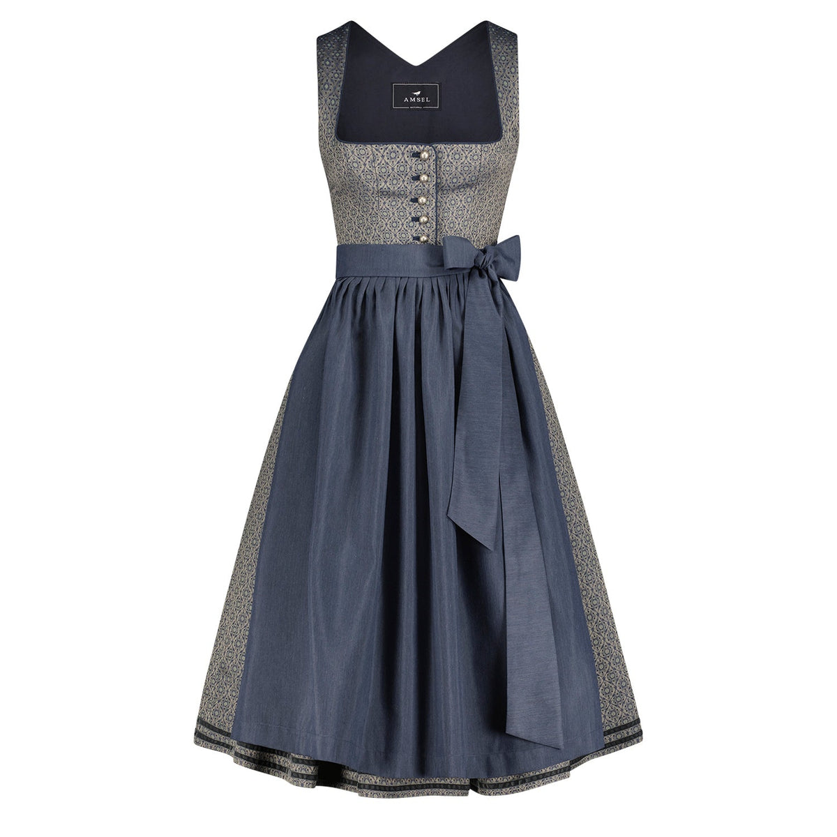 Dirndl Kira in Silberblau mit blaufarbener Schürze – elegantes Midi-Dirndl
