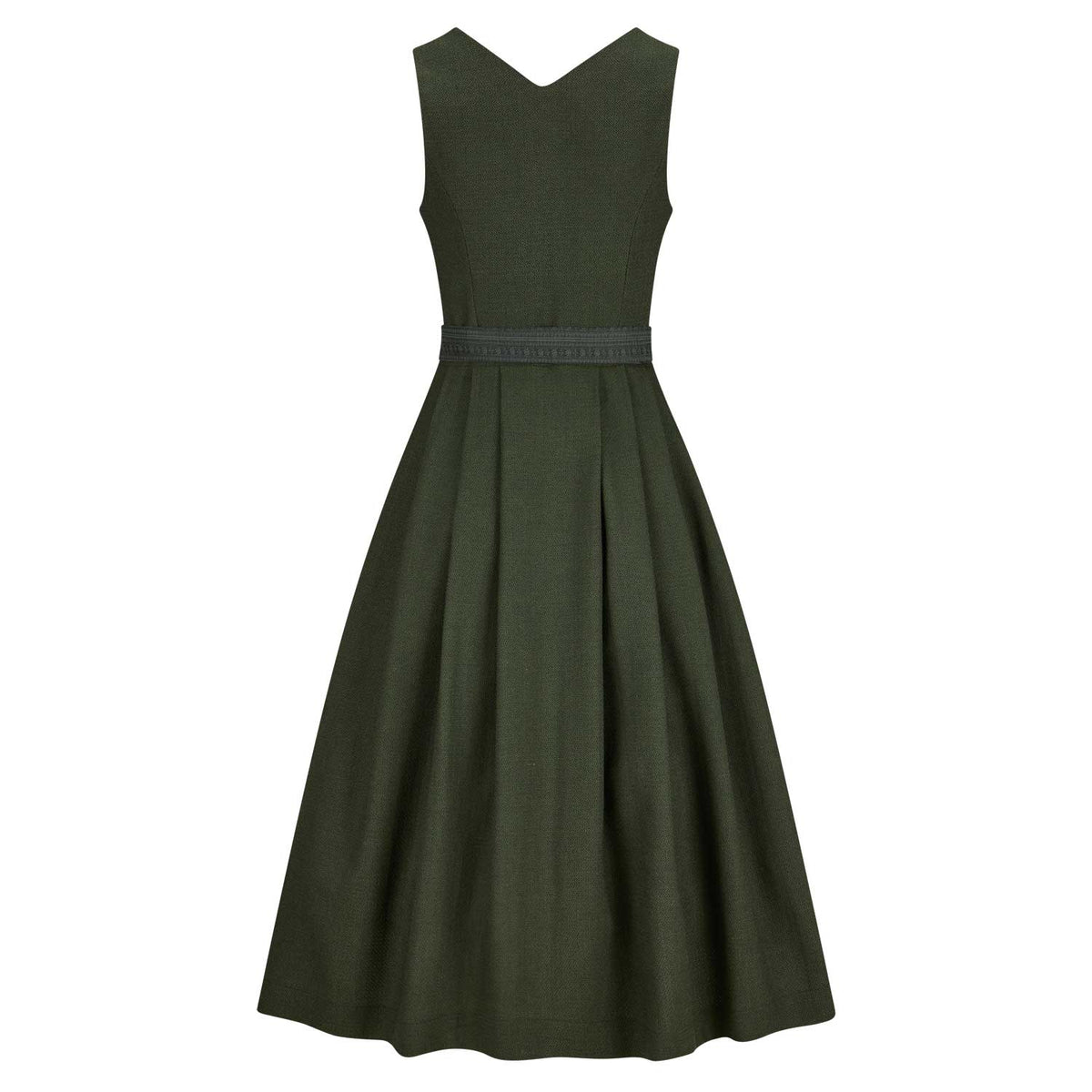 Rückansicht Dirndl Klara Grün mit schön fallendem Rock in Wollstruktur