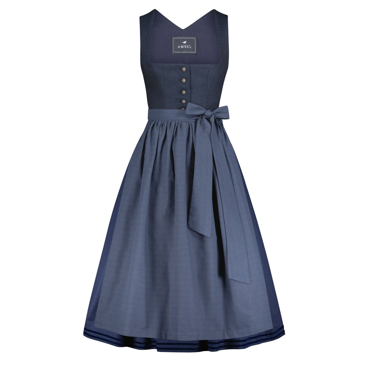 Dirndl Madita in Blau mit blauer Baumwollschürze – langes Dirndl mit Struktur