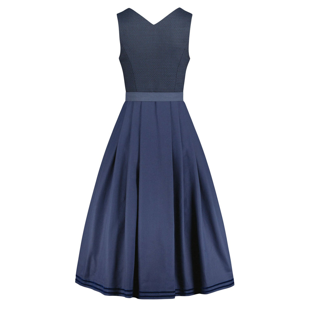 Rückansicht Dirndl Madita Blau mit langem Rock und klassischer Knopfleiste