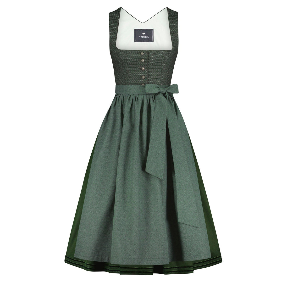 Dirndl Madita in Grün mit grünfarbener Baumwollschürze – langes Dirndl aus Wollmix