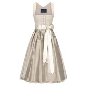 Midi-Dirndl in Creme mit zartem Brokatmuster und eleganter Schürze aus glänzender Dupionseide – edles Hochzeitsdirndl mit Satinband und klassischer Knopfleiste von Amsel.