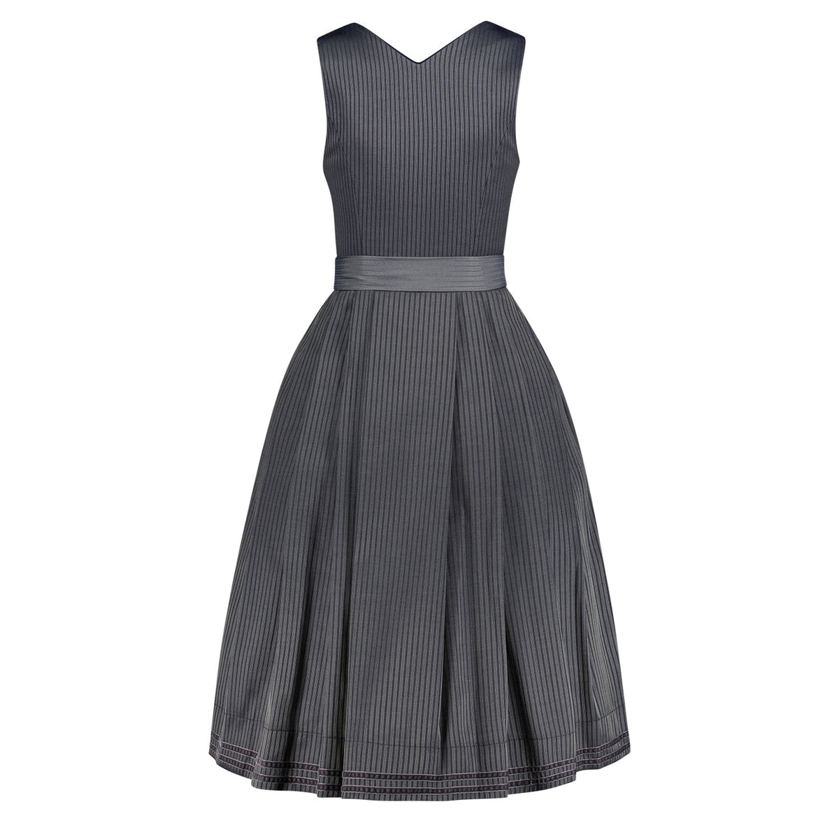 Rückansicht Dirndl Mina Blau mit klassischer Knopfleiste und schön fallendem Rock