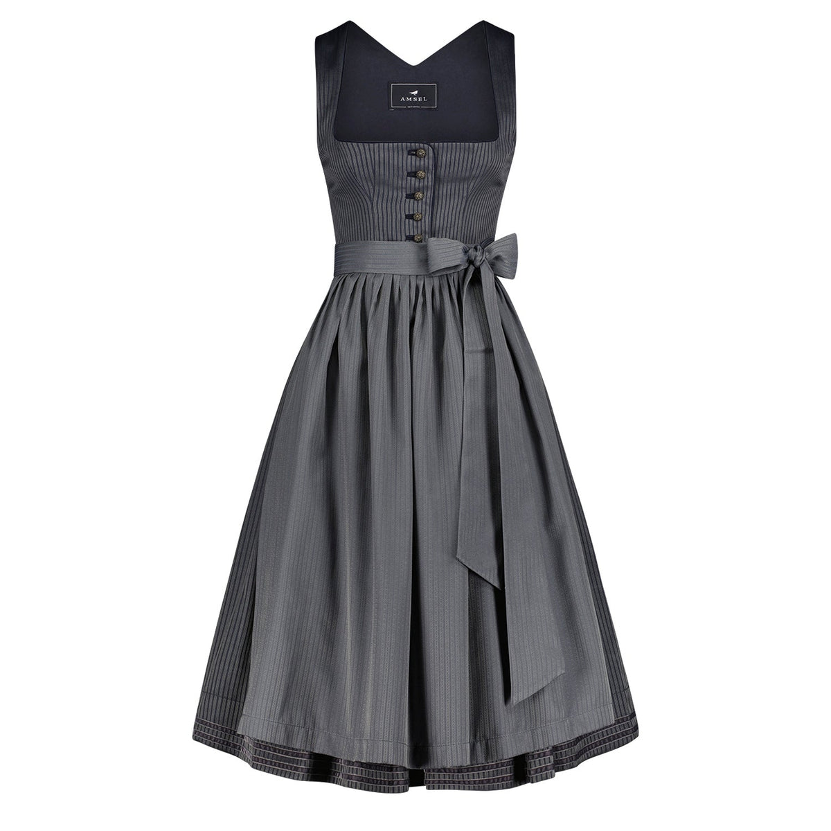 Dirndl Mina in Blau mit passender Schürze – modernes Mididirndl mit Strukturmieder